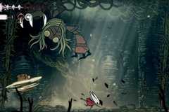 A giant bug with huge arms and claws suspended from the ceiling in Hollow Knight Silksong
