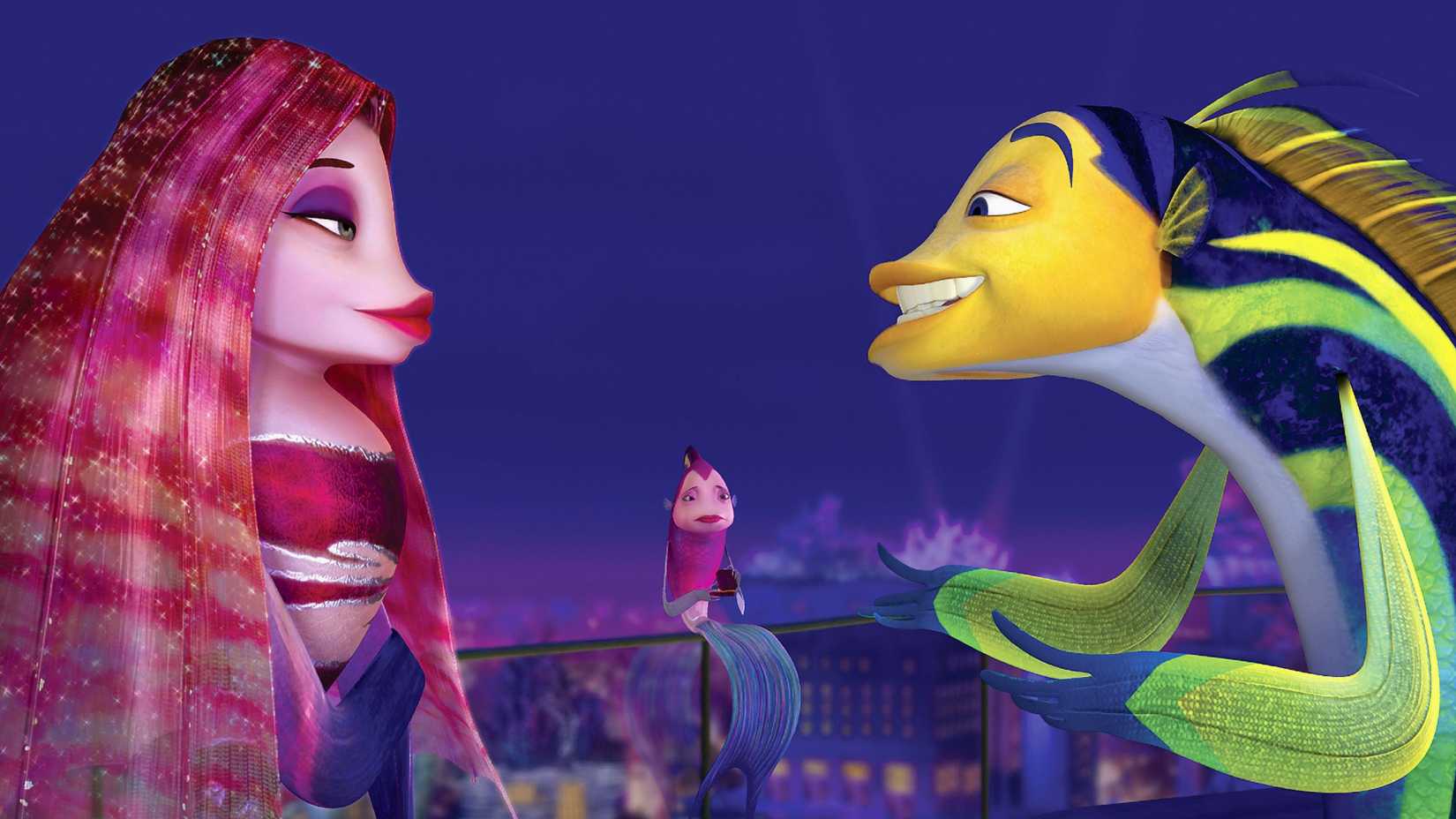 Two animated fish talking to each other. A third fish sits sadly in the background against the backdrop of an underwater city
